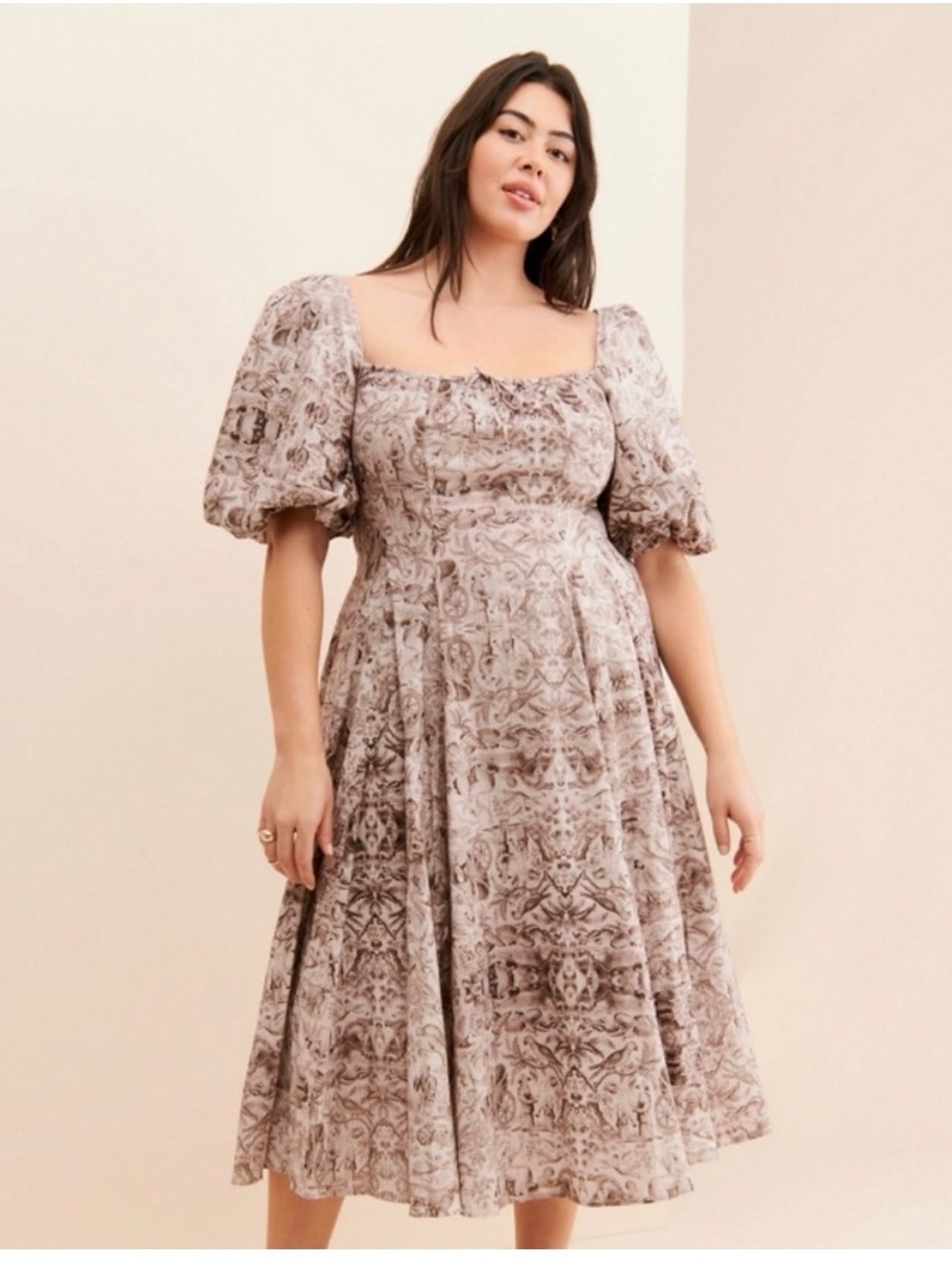 Selkie Taupe Printed Puff-Sleeve Midi Dress